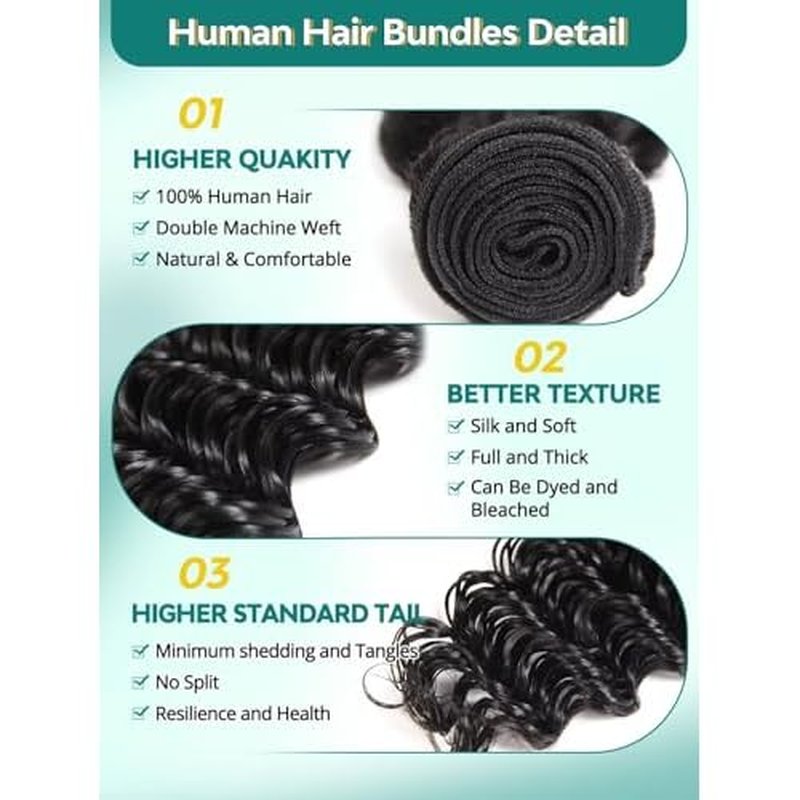 12A Deep Wave Human Hair Bundles 14 16 18 Inch Raw Curly Bundles Human Hair 100% Unprocessed 3 Bundles Brazilian Virgin Human Hair Extensions Quick Weave Natural Black Color