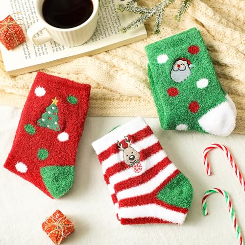 Suhine 3 Pair Christmas Aloe Infused Ultra Moisturizing Socks Colorful Patterns Fuzzy Christmas Socks Aloe Vera Socks for Spa (Cute)
