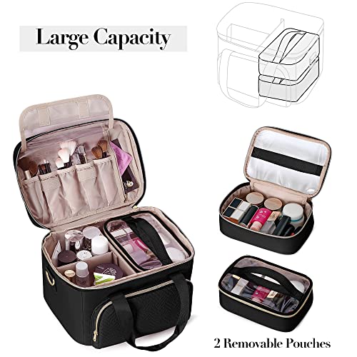 Travel Makeup Bag with 2 Pouches and Adjustable Dividers, Large Cosmetic Case Make up Organizer for Women Fits Bottles Vertically, Black (Patented Design)