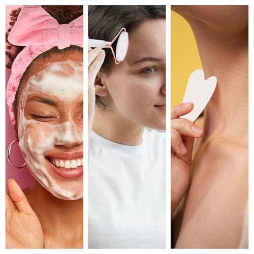 Earth & I Fuzzy headband White Jade Roller & Face Guasha Set 3pc, At Home Spa Essentials, Women Self Care, Face Tool for Lymphatic Drainage, Gua Sha Roller, Gusha, Spa Accessories for Women