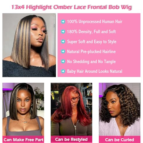 Bob Wig Human Hair Highlight Ombre 13x4 HD Transparent Lace Front Wigs 1b/27 Black and Blonde Wig Human Hair Pre Plucked with Baby Hair 180 Density Short Bob Wigs 10 Inch