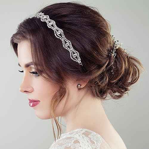 2pcs Elastic Rhinestone Headbands Sparkly Wave Head Chain Crown Alloy Disco Silver Crystal Hair Band Accessories for Wedding Prom First Communion Pageant Women Girls