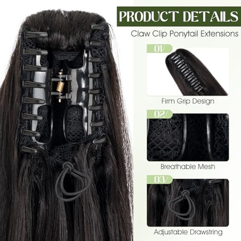 Ponytail Extension, 18 Inch Claw Clip Ponytail Extension Human Hair Long Straight Jaw Clip in Real Hair Pony Tails Hairpieces for Women Natural Black