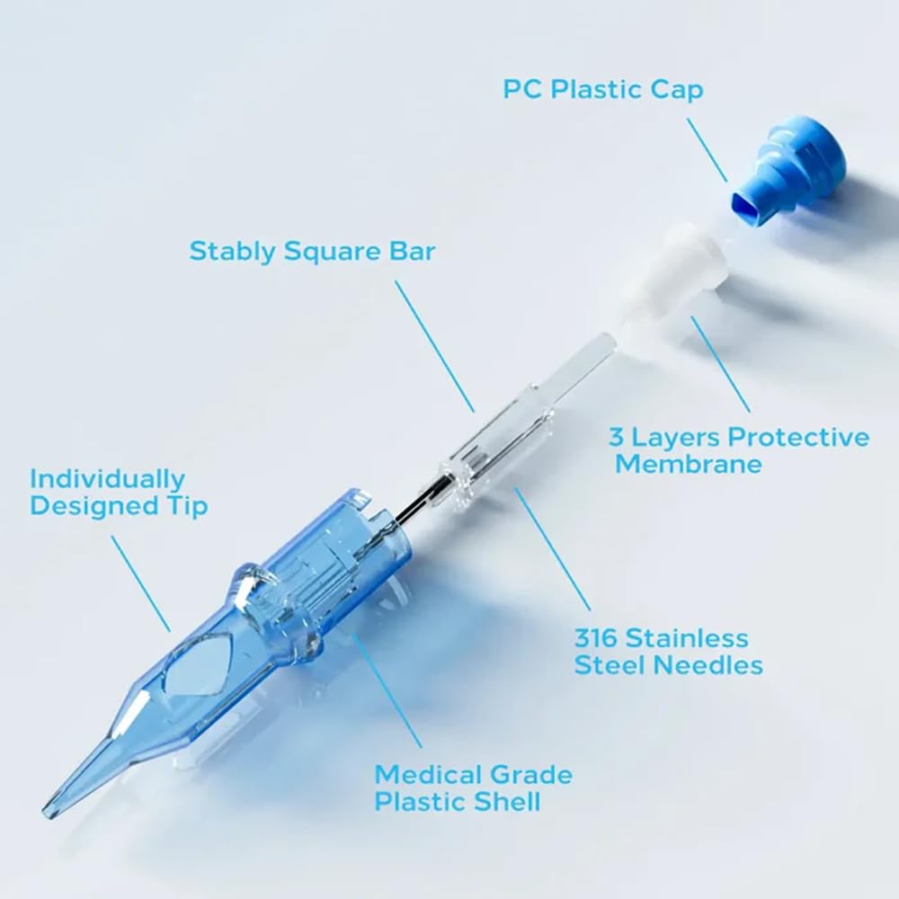 Tattoo Cartridges Needles, 20Pcs Tattoo Needles #06 Bugpin 3 Round Liner with Membrane Disposable Cartridges Tattoo Needles Long Taper for Permanent Makeup Tattoo Supplies (0603RLL)