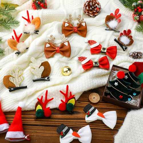 Tigeen 18 Pcs Christmas Hair Clips Cute Accessories Christmas Tree Reindeer Ear Hat Hair Clips Bowknot Barrettes Alligator Cosplay Punk Novelty Hair Accessories for Christmas Cosplay Women (Cute)