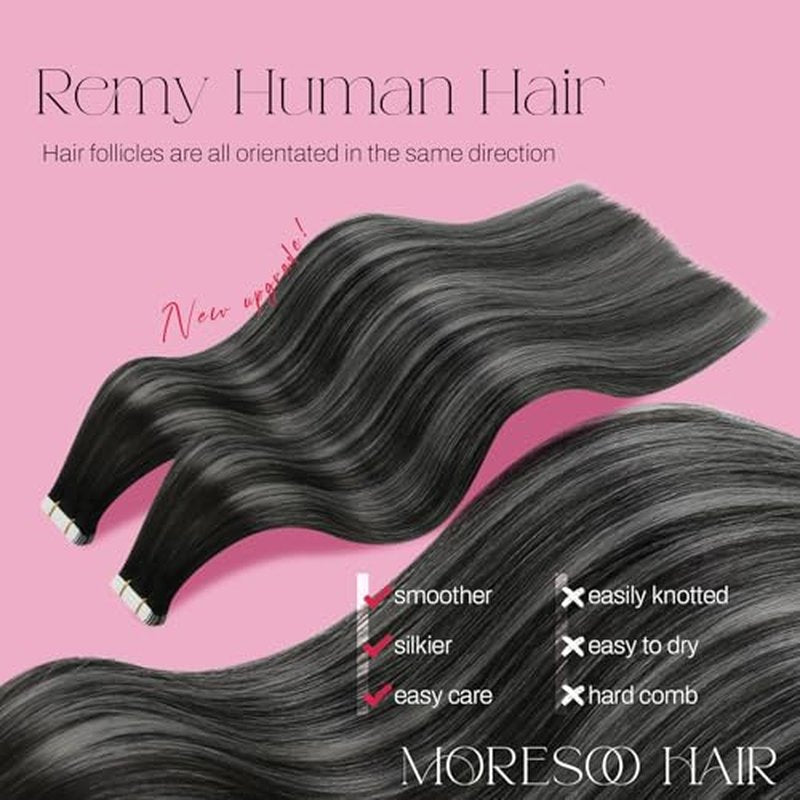 Moresoo Tape in Hair Extensions Real Human Hair Balayage Tape in Human Hair Extensions Off Black to Silver Mix Black Pu Skin Weft Tape ins Extensions Remy Hair 24inch #1B/Silver/1B 20pcs 50g