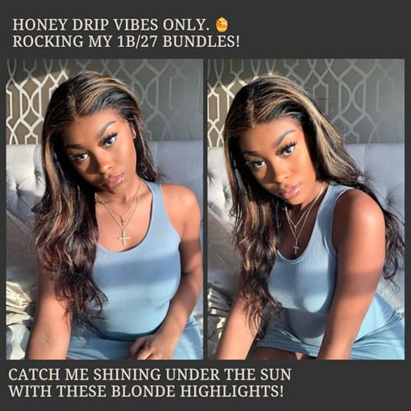 Honey Blonde Bundles Human Hair Highlighted Black and Blonde Bundles Body Wave Balayage Colored 12A 100% Brazilian Virgin Remy Human Hair 1b/27 Ombre Loose Wavy Sew In Weave 14 16 18 Inch
