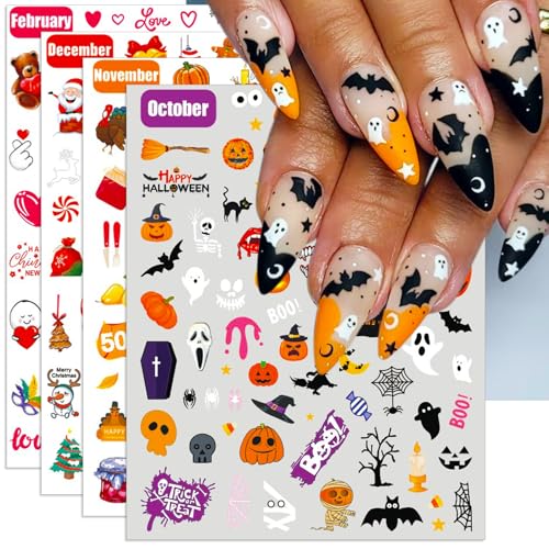 12 Months All Holiday Nail Stickers, 24 Sheets Seasonal Variety Pack 2 Pcs Per Month DIY Nail Art, Self-Adhesive Pegatinas U?as for a Year of Halloween Christmas Thanksgiving&Valentine¡¯s Day
