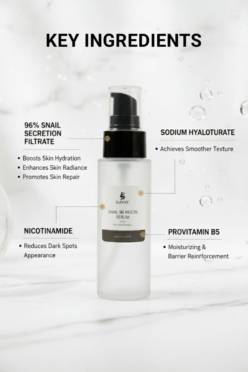 SUDNY Snail Mucin 96% Repairing Essence with Niacinamide, Aloe Vera & Glycerin - Snail Mucin Serum to Hydrate & Repair Dull Skin & Fine Lines- Gentle Skincare Serums with Snail Serum for Everyday Care