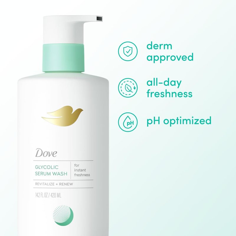 Dove Glycolic Serum Body Wash for Women, 14.2 oz | 2% glycolic acid body wash that helps control odor, smooth skin texture and support freshness during hormonal changes