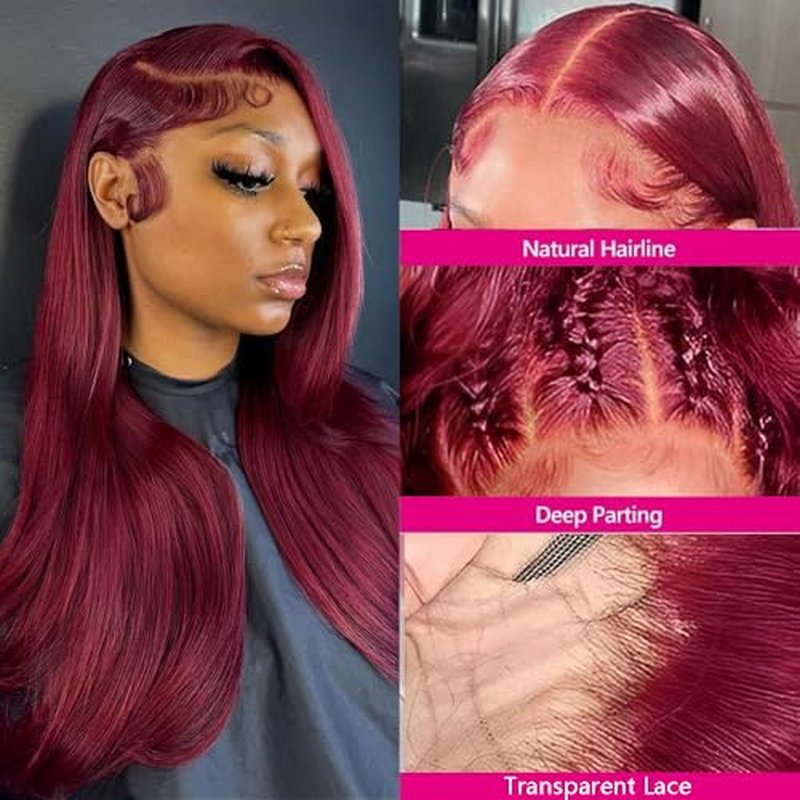 30 Inch Burgundy Wig Human Hair 180% Density 13x4 99J Burgundy Lace Front Wigs Human Hair Pre Plucked Wine Red Colored Straight Wigs Human Hair Glueless Frontal Wigs for Women Red Wig