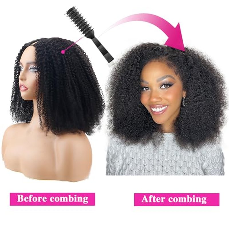 V Part Wigs Human Hair Afro Kinky Curly Glueless Wig Human Hair 200% Density Kinky Curly V Shape Wig Upgrade None Lace No Sew In V Part Wigs With Drawstring Beginner Friendly,Natural Color(18 Inch)