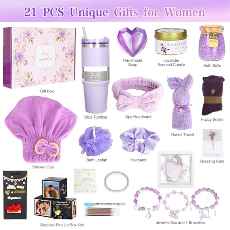 Birthday Gift Baskets for Women, 21 Piece DIY Surprise Photo Pop Up Box Self Care Gift Kit for Mom Her, Get Well Soon Sympathy Spa Christmas Mother's Day Gifts for Friend Wife Girlfriend Grandma
