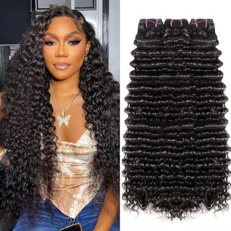 Deep Wave Bundles Human Hair 12 14 16 Inch Deep Curly Bundles 15A Grade 100% Unprocessed Brazilian Virgin Hair Wet and Wavy Bundles Double Weft Natural Black Color