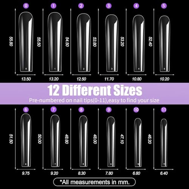 240Pcs Square Soft Gel Nail Tips, Long Square Nails, 12 Sizes Full Cover Acrylic Fake Nails Straight Clear False Nail Extension for Beginner and Professional Home Salon DIY