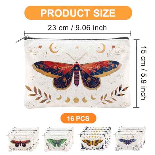 16Pcs Butterfly Makeup Bag Canvas Cosmetic Bag Insects Zipper Cosmetic Bag 5.9x9.06 Inch Polyester Travel Toiletry Pouch for Women Party Shopping Home Travel
