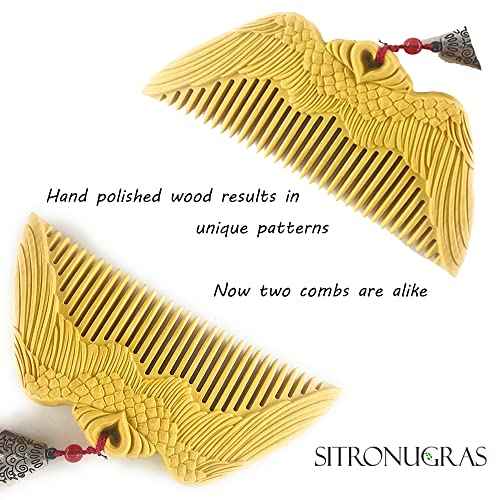 Wooden Comb For Women - Carved Craft Natural Boxwood Hair Comb - No Static Fine Tooth Wood Comb with gift box (Angel Wings)