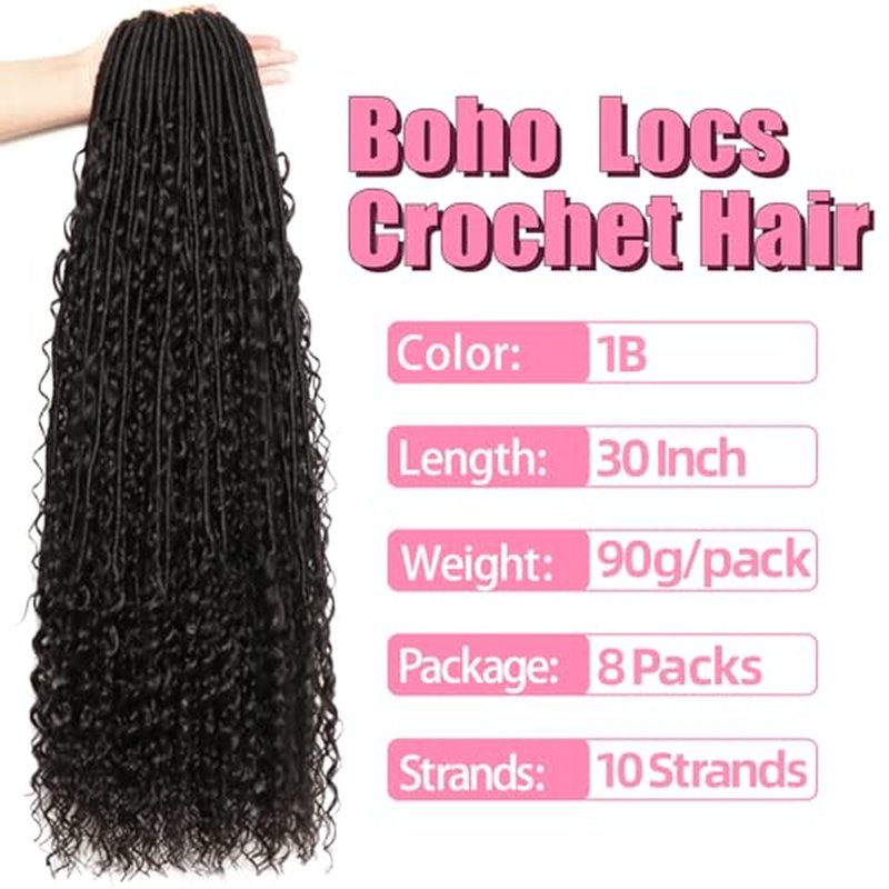Soft Boho Locs Crochet Hair for Black Women-30 Inch 8 Packs Goddess Faux Locs Crochet Human Hair Feeling Pre Looped with Curly Ends(1B, 30 Inch(Pack of 8))