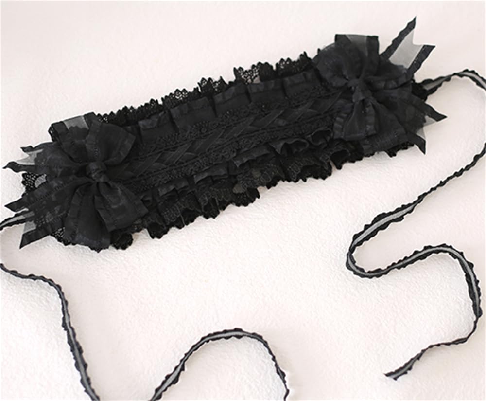 TTYAO REII Black Lolita Headpiece Women Girls Gothic Lace Bow Hair Accessories Maid Headdress for Cosplay Masquerade Party (Headband)