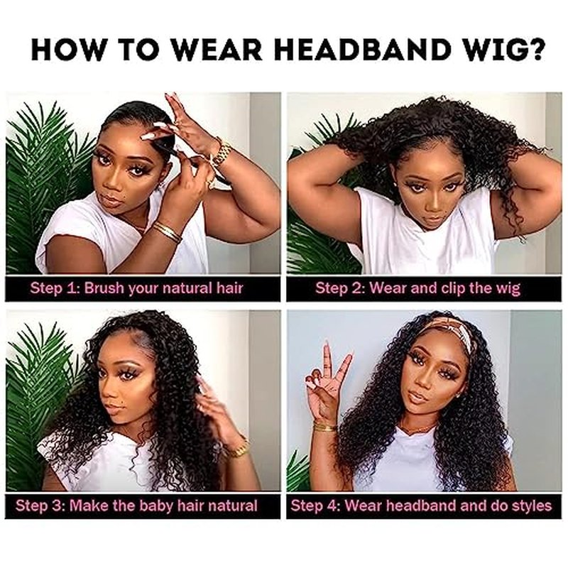 Headband Wig Deep Wave Human Hair Glueless None Lace front Human Hair Brazilian Virgin Machine Mlade Deep Curly Hair Headband Half Wigs for Black Women, Reddish Brown Headband Wig,24 inch