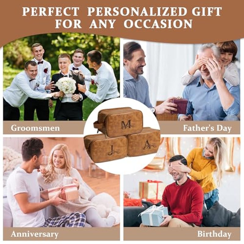 Janhavi Shaving Bag for Men Travel Waterproof, Engraved Initials & Mountain, Makeup Organizer, Groomsmen Gifts, Mens Toiletry Travel Bag, Men's Accessories Organizer, Gifts for Him(Brown L)