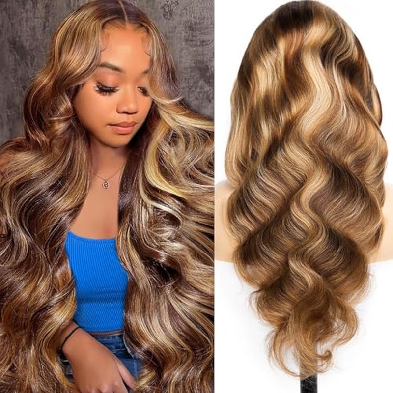 #4/27 Ombre Highlight Lace Front Wigs Human Hair Pre Cut 5X5 Glueless Honey Blonde Body Wave Wigs for Women Pre Plucked with Baby Hair Lace Closure wig 200% Density £¨20inch£©