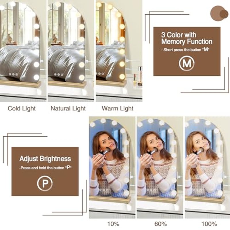 Vanity Mirror with Lights, 15.7" x 23.6" Hollywood Lighted Makeup Mirror with 15 Dimmable LED Bulbs for Dressing Room Bedroom Gold