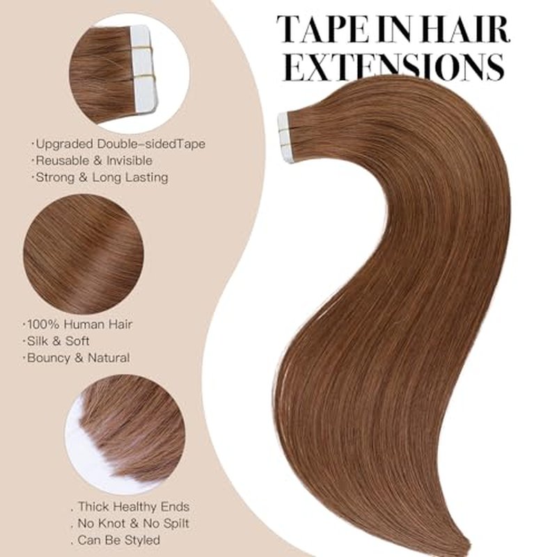 Tape in Hair Extensions,Real Human Hair Extension,Brown Human Hair 24 inch 20pcs 50g,Thick Ends Straight Seamless, Invisible Tape in Hair Extensions Human Hair