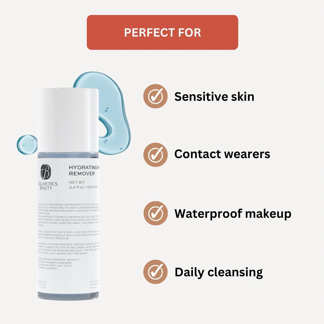 CELLMETICS BEAUTY Hydrating Gentle Eye Makeup Remover Oil-Free & Cleanser for Sensitive Eyes, Non-Greasy Makeup Remover, Waterproof Mascara Remover, 3.4 fl. oz