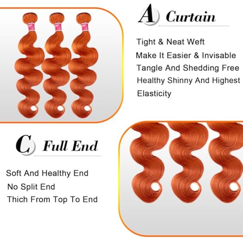Ginger Bundles Human Hair With Closure Body Wave 14 16 18+14 In, 10A 350 Ginger Human Hair Bundles with 4x4 HD Closure Soft And Shed-Free 350 Copper Orange Body Wave Bundle