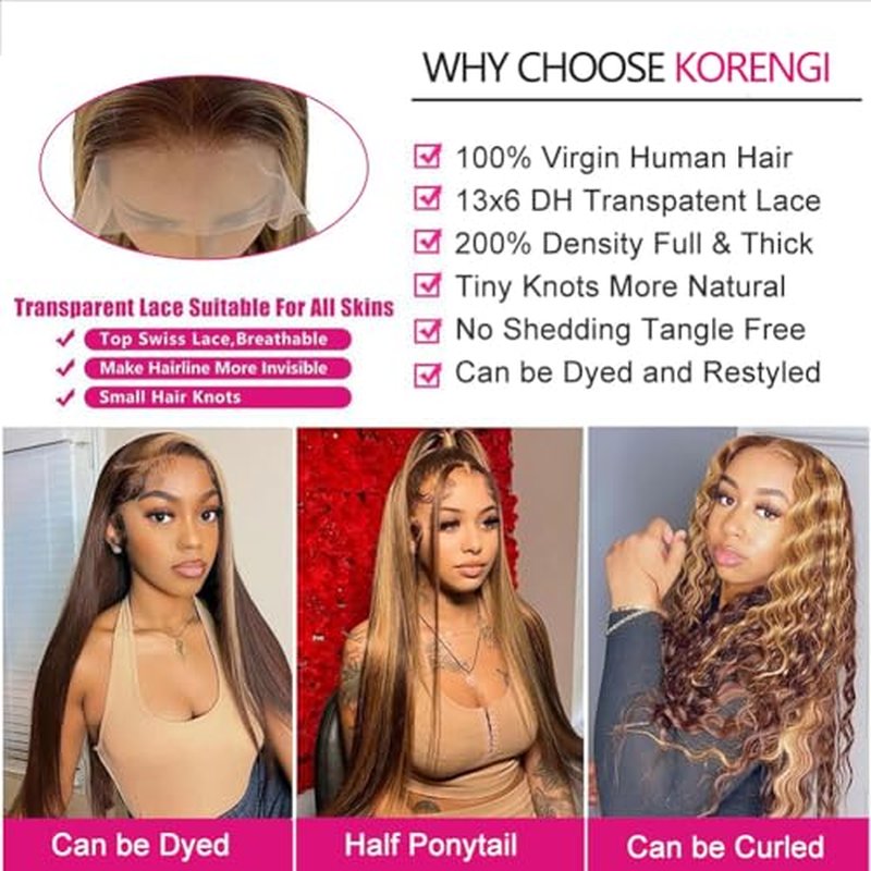 Highlight 13x6 Lace Front Wigs Human Hair Pre Plucked HD Transparent Lace Frontal Wig Bralizian Virgin Human Hair Tiny Knots Natural Hairline with Baby Hair (4/27 Highlight, 28 Inch)