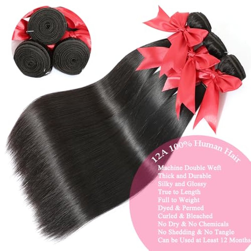 12A Straight Bundles with Frontal Human Hair 16 18 20+14 Inch Brazilian Human Hair Bundles with Frontal 100% Unprocessed Virgin Weave Hair with 13x4 HD Lace Closure