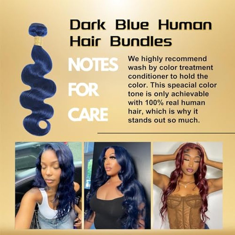 Dark Blue Body Wave Human Hair Bundles, Quick Weave Sew In Wavy 12A 100% Brazilian Virgin Hair, Soft Glossy Thick, Perfect for Quick Weave Sew-In Styles 3 Bundles 10 12 14 Inch
