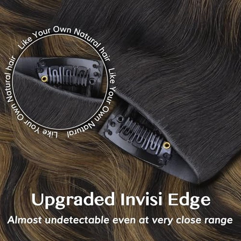 IDN BEAUTY 5+2 Invisi Edge Seamless Clip in Hair Extensions Human Hair, Body Wave Balayage Natural Black to Brown 14 Inch 100g 5pcs Invisible Edge & 2pcs Seamless Clip ins for Black Women No Leave Out