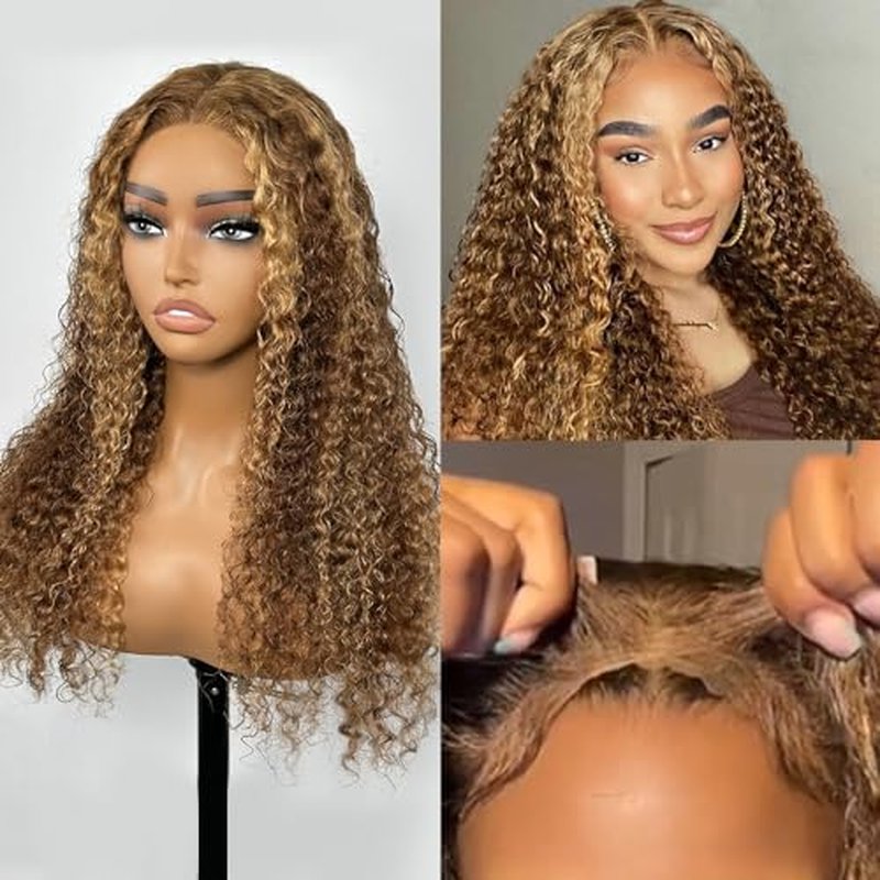 Highlight Glueless Wigs Human Hair Pre Plucked Pre Cut Ombre Honey Blonde Curly Lace Front Wig for Black Women 5x5 HD Lace Closure Wig for Beginners 180 Density