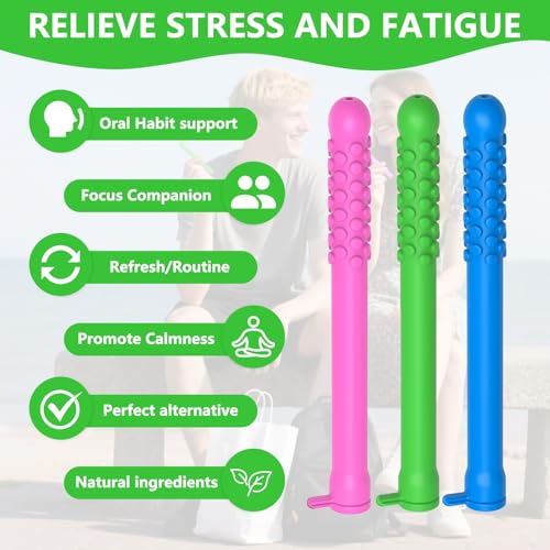 6PCS Flavored Chewable Sticks with Essential Oil,Portable Chewable Slicone Sticks,Fresh Breath Oral Relaxation Stick with 12 Replacement Cores, Can Taken Anywhere Focus