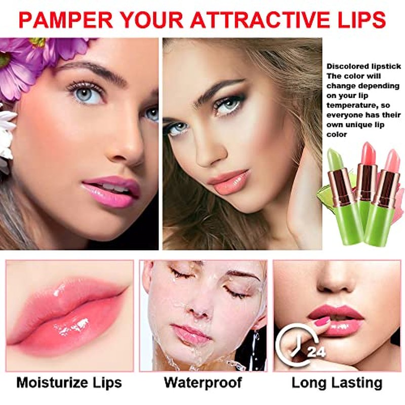 evpct 3Pcs Magic Color Changing Lipstick Long Lasting Waterproof 24 Hours Original for Women, Aloe Vera Strawberry Peach Pink PH Mood Permanent Color Changing Lipstick Lip Balm Gloss, labial magico