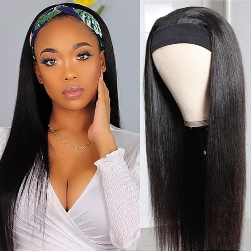 Headband Wig Straight Human Hair Wigs for Black Women Glueless None Lace Front Human Hair Brazilian Virgin Hair Machine Made Headband Wigs 150% Density Natural Color 24 Inch