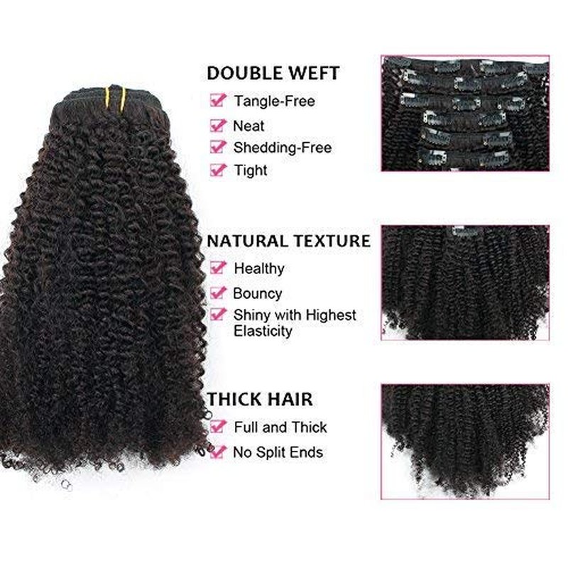 ABH AMAZINGBEAUTY HAIR Afro Coily Clip in Hair Extensions Real Human Hair 4B and 4C Double Wefts Remy Coily Clip ins for African Americans 120 Grams 7pcs 17 Clips, #1B Natural Black 20 Inch