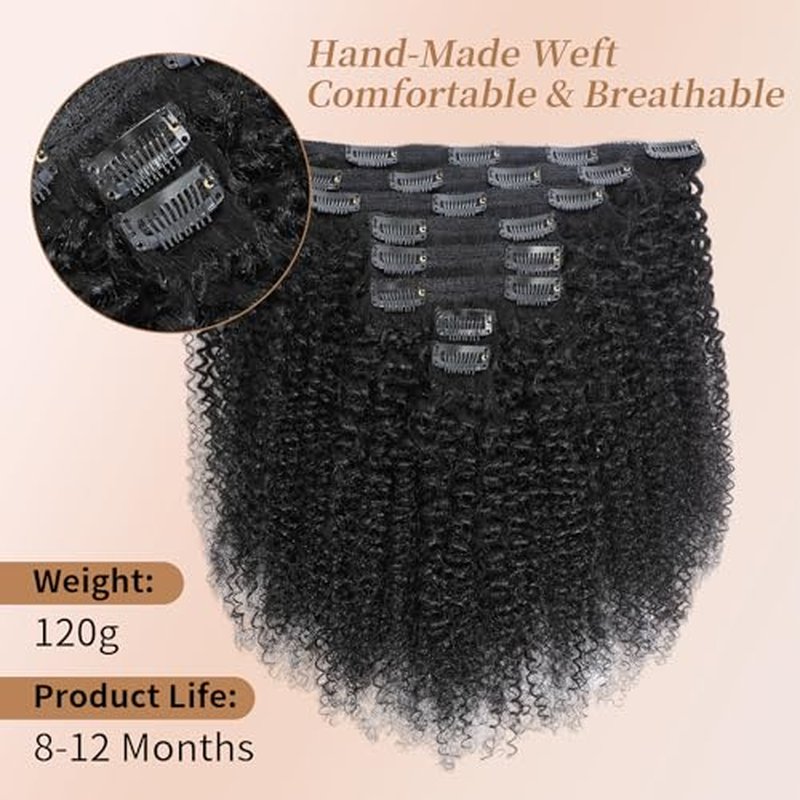 Afro Kinky Curly Clip Ins Human Hair 4C Hair Clip in Extensions Real Natural Human Hair for Black Women 8 pecs with 20 Clips 120g Natural Black Color 18 Inch