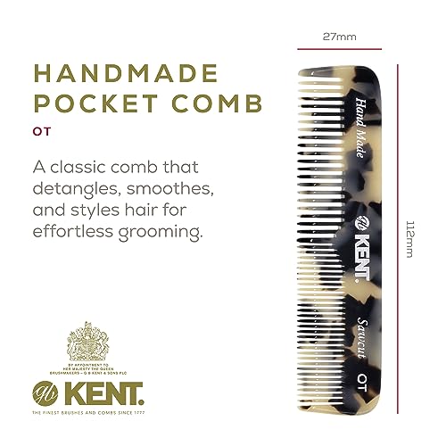 Kent OT TW Pocket Comb - Handmade Fine and Wide Tooth Hair Comb for Men, Women, and Kids - Travel, Beard, and Mustache Comb - Saw Cut and Hand Polished Made in England