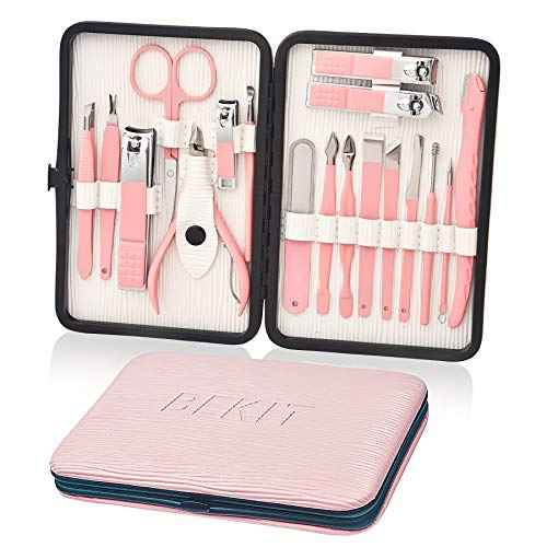 Manicure Set 18 in 1 Stainless Steel Professional Pedicure Kit Nail Scissors Grooming Kit Travel Case B01-Pink