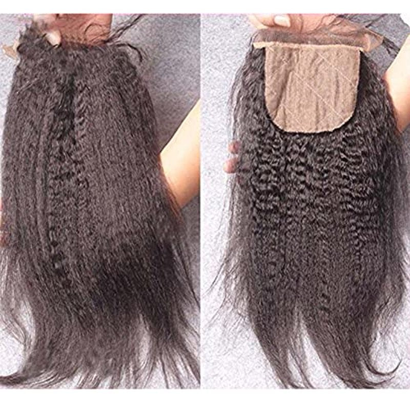 Silk Base Top Closure Yaki Straight Bleached Hidden Knots Free Part 4x4 Fake Scalp Lace Closure With Baby Hair Unprocessed Virgin Kinky Straight Human Hair Closure 10" inch