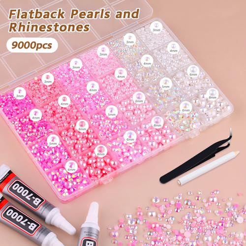 9000PCS Flatback Pearls and Pink Rhinestones for Bedazzling Kit, Pink White 3-10mm Resin Rhinestones Gems and Half Pearls for Crafting, Nail Art and Grad Cap Decor with B7000 Jewelry Glue