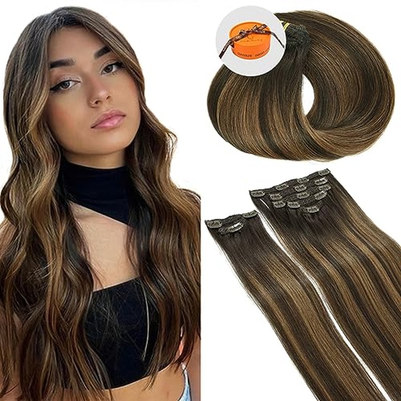 SEACOLOR Stock Clearance: 16 Inch, 140g Balayage Dark Brown mixed with Chestnut Brown Remy Clip In Hair Extensions, 100% real Human Hair Highlights on Dark Brown Hair #T2/6/2