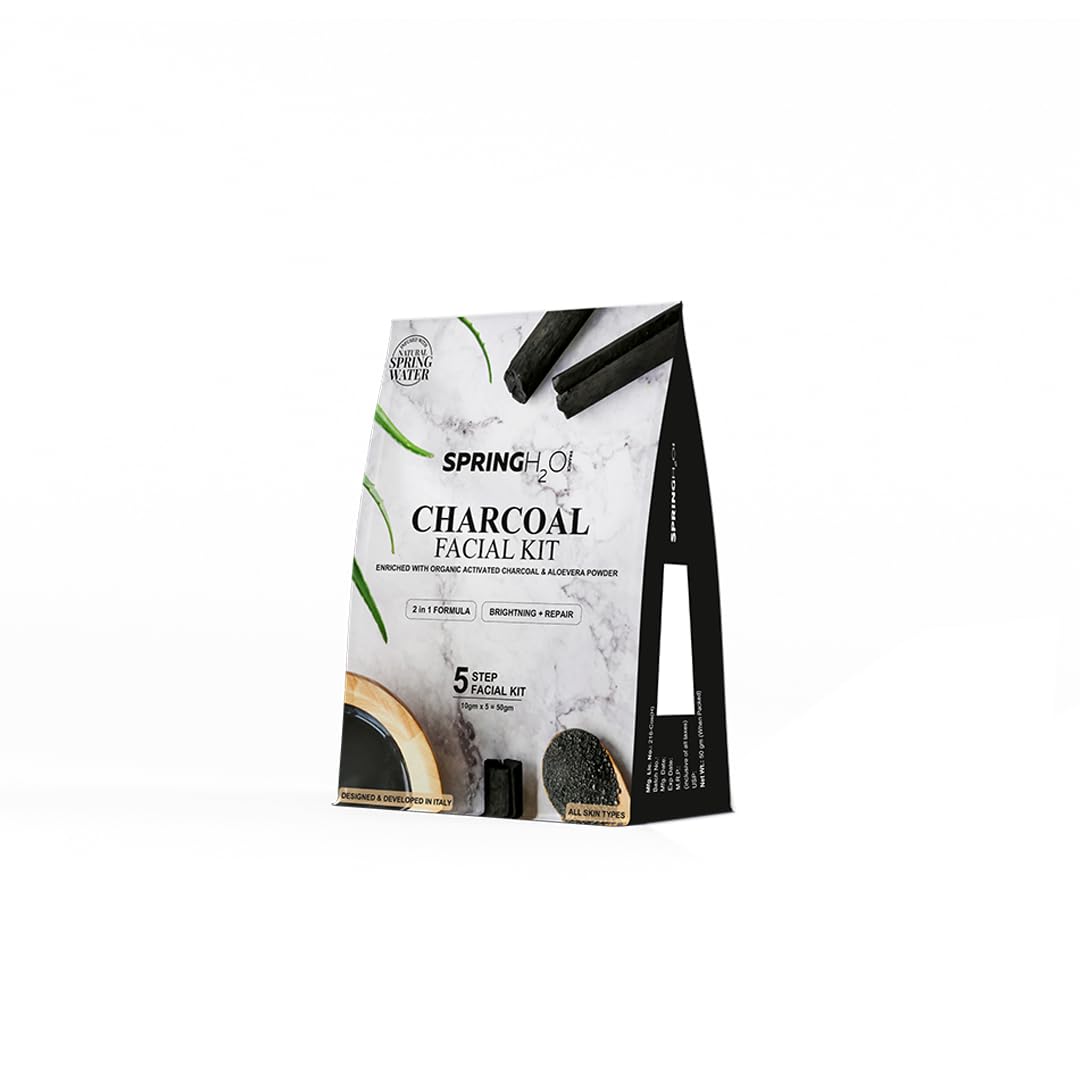 SPRING H2O Charcoal Facial Kit 50 gm| 2 in 1 Formula Brightning+Repair | Enriched with Organic Activated Charcoal & Aloevera Powder| Simple 5 Step