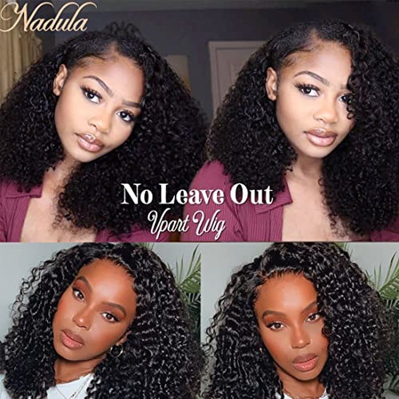 Nadula V Part Wig Kinky Curly Human Hair No Leave Out Glueless Upgraded U Part Wigs for Women,10A Malaysian Afro Curly V-part Wigs V Shape Clip in Half Wig Beginner Friendly 150% Density 16inch