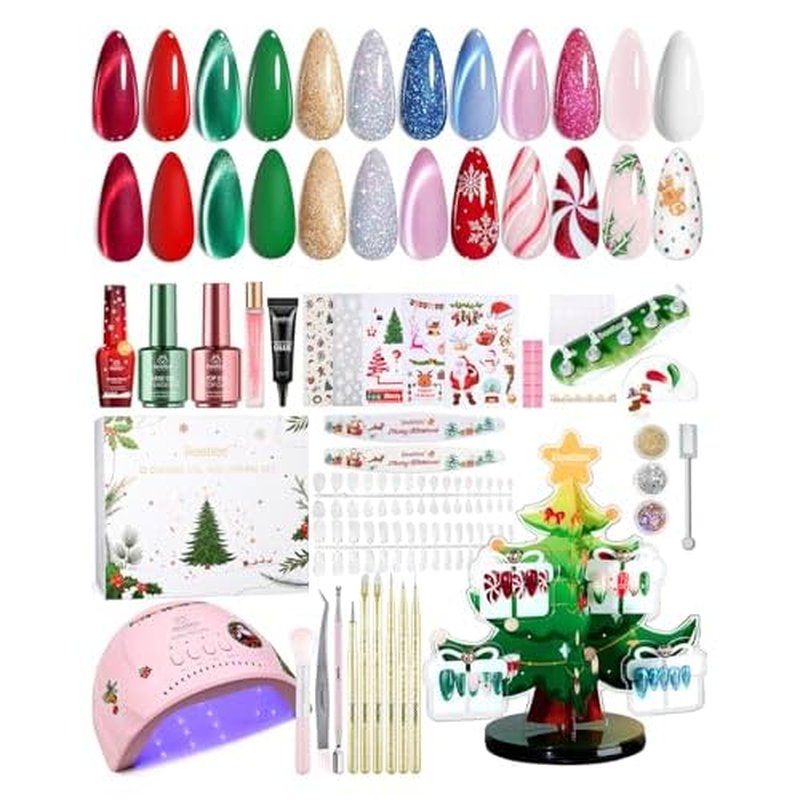 Beetles 67Pcs Gel Nail Kit Crystal Christmas Gifts for Women Teen Girls - 12 Colors Cat Eye Red Glitter Gel Polish Kit with U V Light & Nails Stand Acrylic Holder Display Nails Stuff Manicure Set