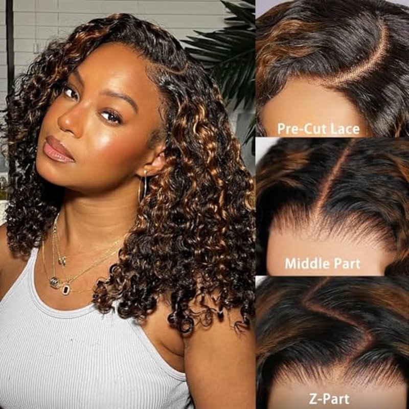 Glueless Wig Pre Plucked Pre Cut Human Hair 1b/30 Balayage Lace Front Wigs Wear And Go Bob Wig Human Hair 7x5 Bye Bye Knots Wigs Highlight Curly Wig 180% Density 18inch