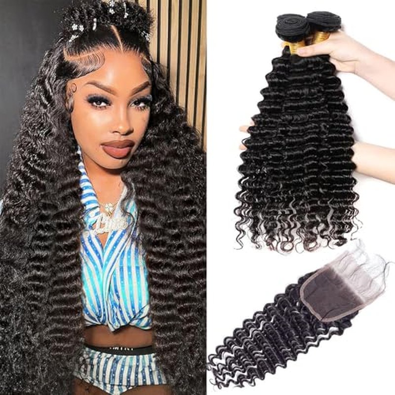 Deep Wave Bundles with Closure Human Hair 18 20 22 inch Human Hair Bundles with 16 inch 5x5 HD Lace Closure Free Part 100% Unprocessed Virgin Hair Bundle Deals Natural Color Soft
